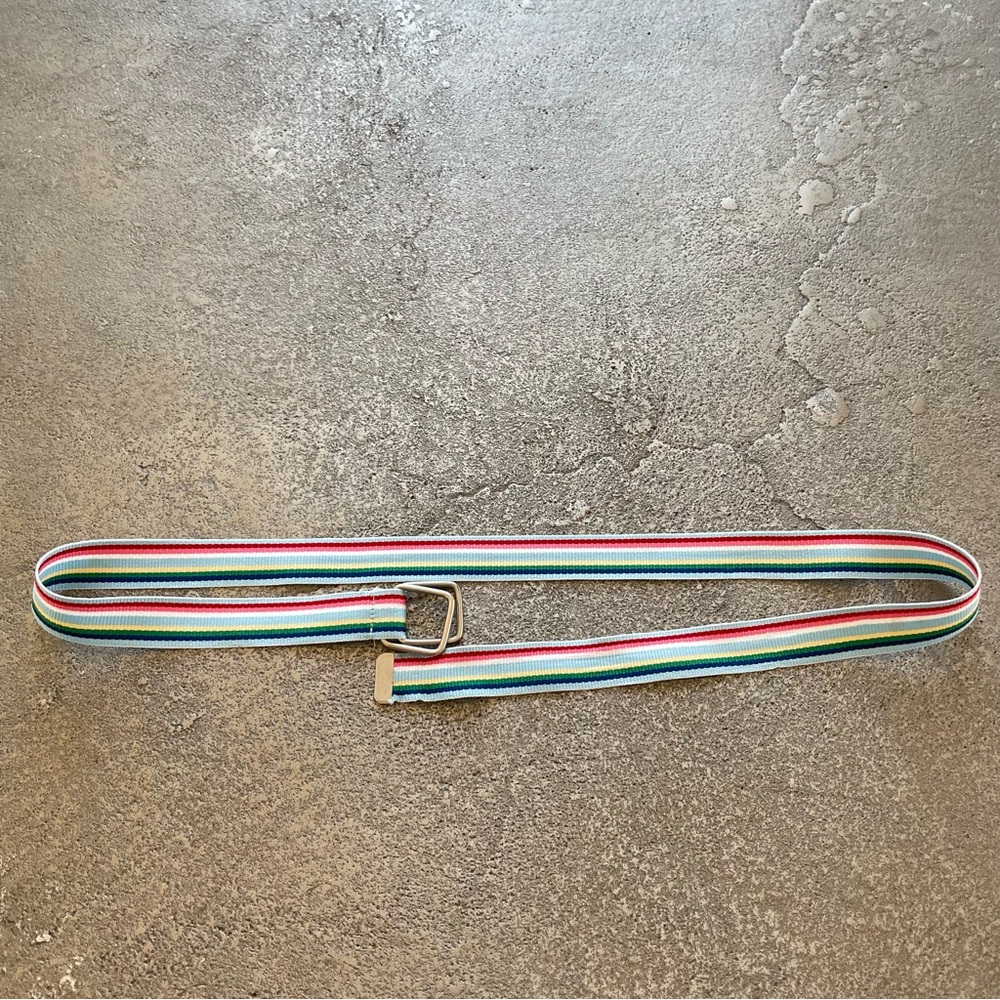Rainbow Striped Nylon Webbing Belt with Silver Tone Ring Closure 38”